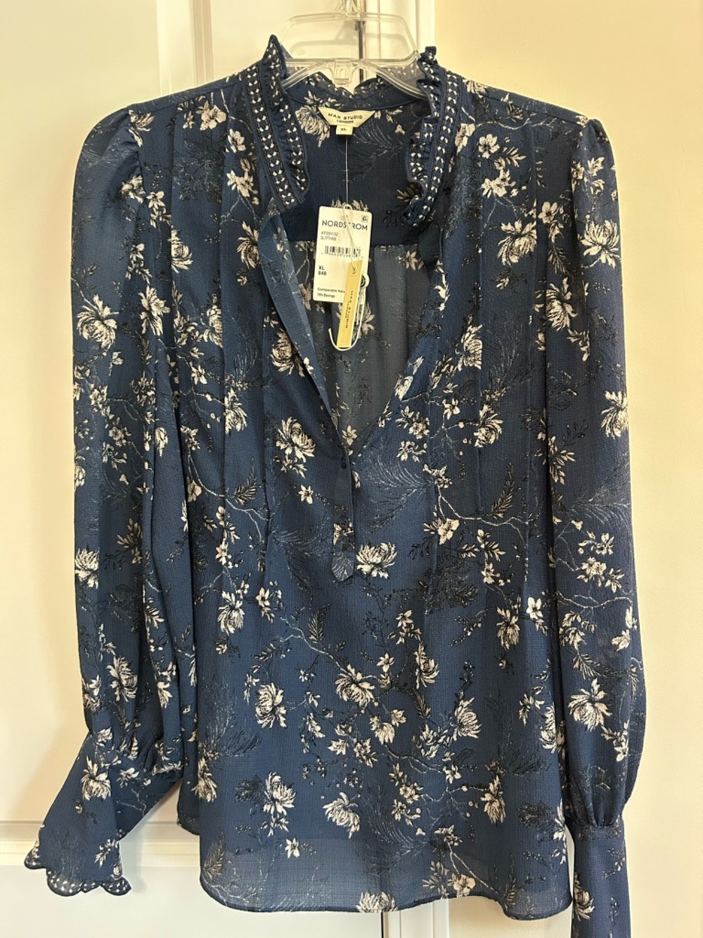 Max Studio Blue Floral Puff-Sleeve V-Neck Blouse brand new with tags.